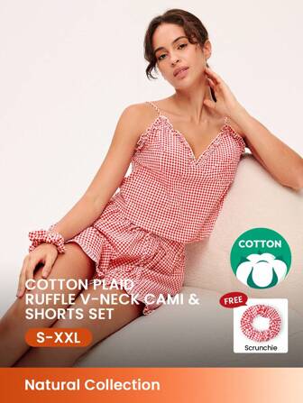 LUVLETTE Women Red Plaid Patterned Cotton V-Neck Camisole Cute Sleep Top & Shorts Airy Sexy Cute Pajama Set Ruffled Pants With Pockets Lingerie As Outerwear Cozy At Home Checks And Balances