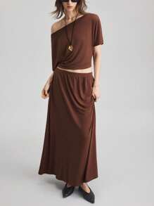 Ontre 女士教师套装，独立日风格，针织材质，粘胶纤维，棕色，四向拉伸，弹性针织面料，不对称肩部设计，两件套裙装，女士套装，极简主义设计，夏季服装，日常服饰，2025年新品 - 棕色 - 查看 6