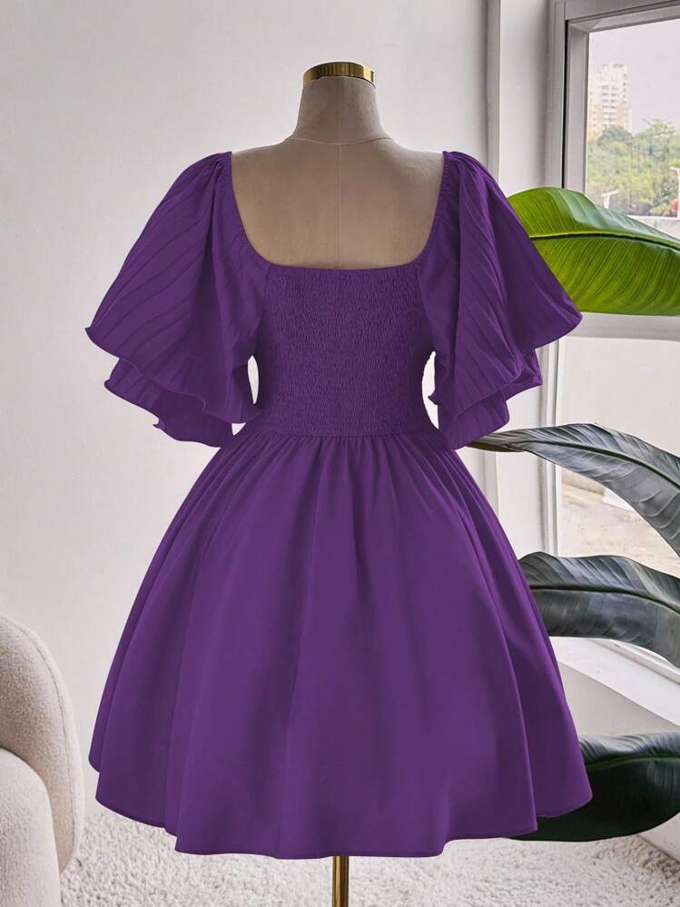 Sunnyshic Plus Size Elegant Solid Color Waist Cinched Dress, Summer - Purple - View 2