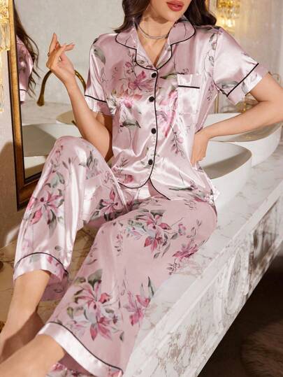 LuxeNights Floral Print Lapel Collar Short Sleeve Pajama Set