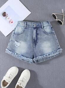 Sparklyn Tween Girls Y2K 风格复古浅色水洗牛仔短裤，粉色蝴蝶结刺绣和口袋，宽松直筒版型，柔软舒适的材质，街头潮流