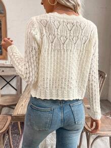 SHEIN PETITE 女士圆领镂空前扣开衫，针织毛衣外套，秋冬 - 米色 - 查看 2