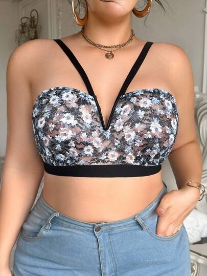 SHEIN 印花蕾丝无钢圈薄款舒适加大码文胸