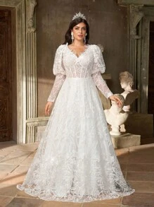 Aureia Plus Size White Spring Elegant Wedding Dress,Gorgeous Sequin Embroidery Mesh Satin V-Neck See-Through Long Sleeves Pleated Oversized Skirt For Dinner - White - View 4
