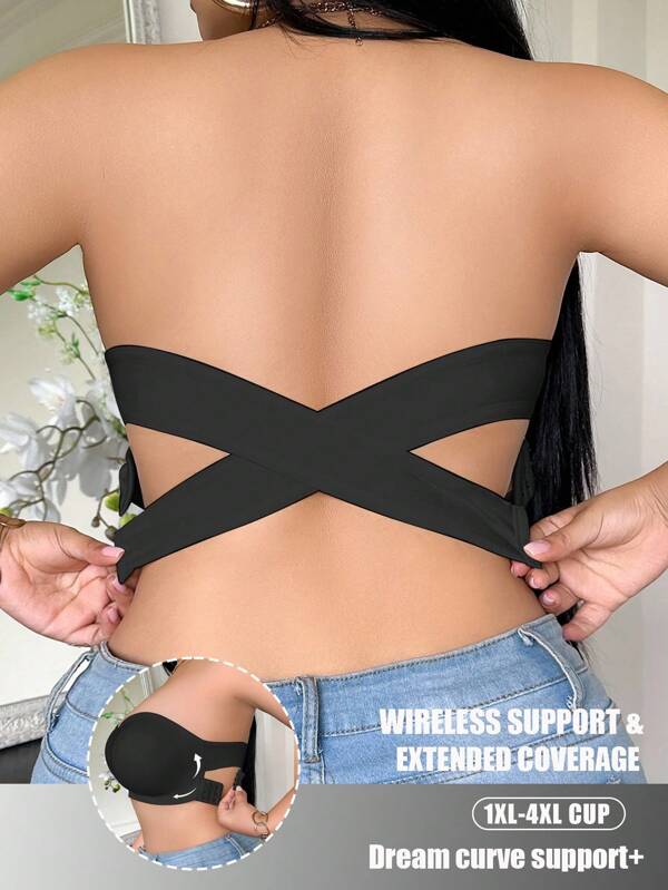 SHEIN Sujetador negro de talla grande con diseño sin espalda, cómodo y casual, con cobertura extendida y ajuste soñado, que levanta