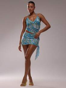 MUSERA 印花网纱系带侧边修身迷你裙（仅下装）夏季度假伊比沙岛优雅可爱海滩节锐舞波西米亚风沙滩装假日晚宴派对狂欢节复活节 - 藍色 - 查看 3