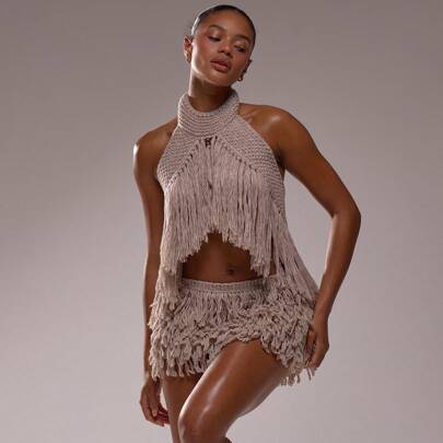 Top lavorato a maglia con dettagli a choker e frange, adatto per l'estate, Ibiza, vacanze, festival sexy, rave, festa chic, primavera, maglione da car