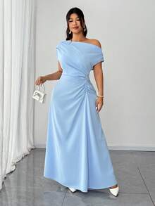 SHEIN PETITE CURVE Đầm thanh lịch thiết kế nhún eo cỡ lớn, vai chéo - Màu xanh lam - Xem 6