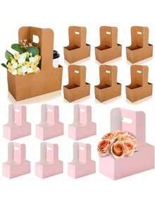 Brown&Pink Kraft Paper Flower Bouquet Gift Bags Paper Material, Handle Drink Carrier For 2 Cup Floral Wrap Packing Box Paper Holder Basket - Perfect For Valentine's, Mother's Day & Wedding Decorations, Birthday Gifts For Men, Valentine Box, Men Gift Box, Gift For Man, Gift Bags Bulk, Blue Gift Bag, Valentines, Valentine's Day, Valentines Gifts, For Mother's Day, Bridesmaid Gifts, Graduation Gifts, Birthday Gifts, Wedding Gifts,Birthday,Bride,Wedding