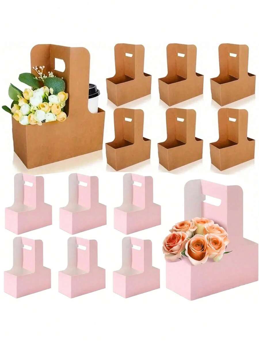 Brown&Pink Kraft Paper Flower Bouquet Gift Bags Paper Material, Handle Drink Carrier For 2 Cup Floral Wrap Packing Box Paper Holder Basket - Perfect For Valentine's, Mother's Day & Wedding Decorations, Birthday Gifts For Men, Valentine Box, Men Gift Box, Gift For Man, Gift Bags Bulk, Blue Gift Bag, Valentines, Valentine's Day, Valentines Gifts, For Mother's Day, Bridesmaid Gifts, Graduation Gifts, Birthday Gifts, Wedding Gifts,Birthday,Bride,Wedding