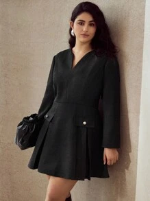 MOTF PREMIUM CHIC LONG SLEEVE PLEATED MINI DRESS, AUTUMN/WINTER - Black - View 5