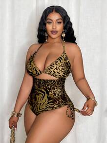 Slaydiva Plus Size Women's Random Leopard Print Triangle Top & Tie Side Bottoms One-Piece Swimsuit, Beach Vacation For Summer