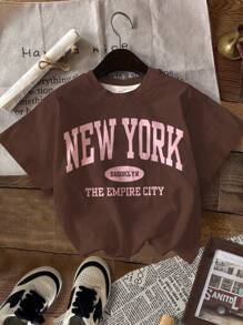 SHEIN Leap Crew 4 件套青少年女孩休闲复古淡紫色、复古奶油粉色、奶油白色、复古学院字母印花简约短袖圆领 T 恤，适合夏季