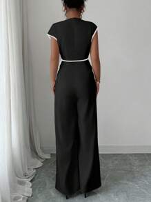 女式夏季时尚撞色镶边阔腿连体裤 - 黑色 - 查看 2