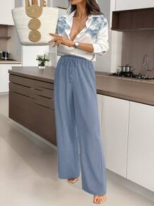 SHEIN LUNE 2件热带印花休闲假日衬衫和裤子套装 - 霧霾藍 - 查看 4