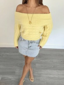 Siren Gaze Suéter amarillo de hombros descubiertos para mujer, suéter casual de punto de unicolor con detalle de torsión en los hombros para mujer - Amarillo - Ver 2