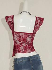 SHEIN ICON Women's Ruched Front Fitted Sexy Lace Patchwork Cap Sleeve Backless Casual Vacation Cropped Camisole Burgundy Lace Top - Burgundy - View 2