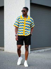 Manfinity Homme Men's Wave Striped Short Sleeve Single-Breasted Casual Knit Top - Mustard Yellow - View 3