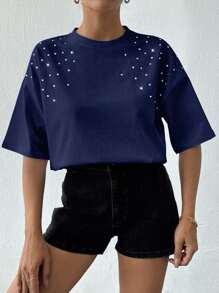 EURMUSE 100%Cotton Women's White T-Shirt With Rhinestones Detail - Navy Blue - View 4