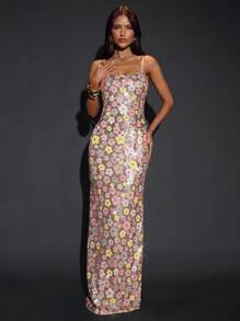 SHEIN BAE 女款粉色花卉夏季70年代復古夜生活派對亮片細肩帶洋裝，優雅後開衩直筒長裙，適合婚禮賓客、生日正式場合 - 彩色 - 查看 5