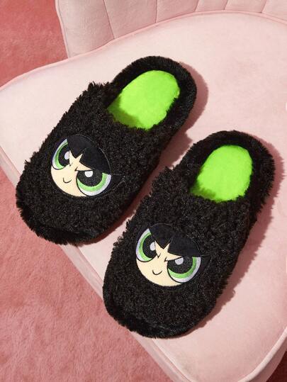 THE POWERPUFF GIRLS X SHEIN 时尚卡通刺绣毛茛防滑室内拖鞋女童柔软毛绒保暖冬季可爱家居鞋花朵、泡泡和毛茛，耐用鞋底，居家卧室空调房春秋冬