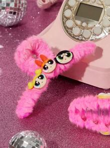 THE POWERPUFF GIRLS X SHEIN Fashionable & Cute Blossom & Bubbles & Buttercup Pink Plush Hair Claw For Women & Girls,Y2K - Pink - View 7