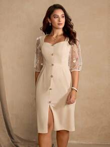 Roveilla Đầm midi ôm sát tay ngắn màu mơ thanh lịch cổ vuông xẻ tà phía trước cho nữ cỡ lớn - Màu be - Xem 4