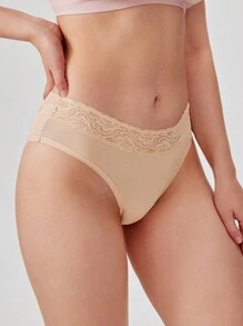 LUVLETTE 3 件装蕾丝边透气棉质基本款内衣中腰性感女士内衣内裤套装-大地色 - 彩色 - 查看 6