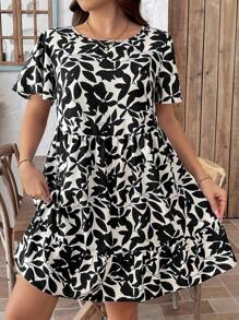 SHEIN LUNE 大码夏季休闲全身印花圆领荷叶边下摆连衣裙毕业礼服 - 黑色 - 查看 6