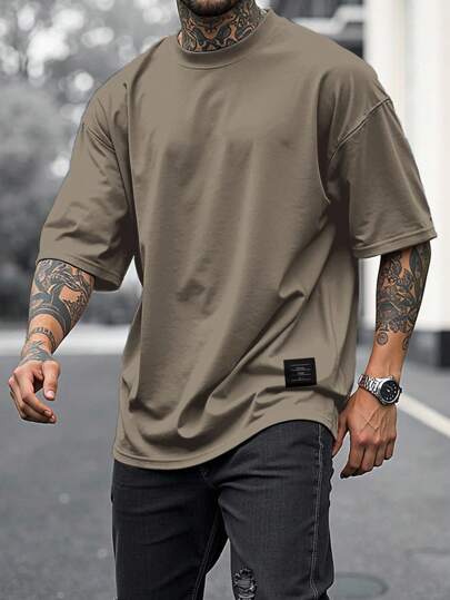 Manfinity Homme Men's Solid Color Round Neck Drop Shoulder Short Sleeve Casual Loose T-Shirt, Summer