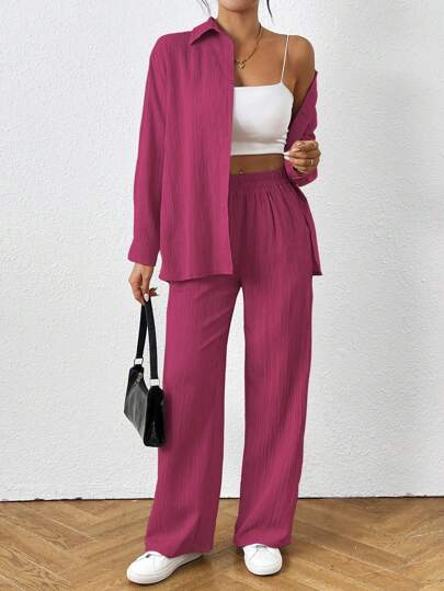 SHEIN PETITE Women's Solid Color Long Sleeve Single-Breasted Shirt And Pants Casual 2 Pieces Set