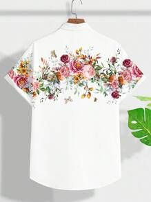 Manfinity RSRT Fashionable Casual Mature Floral Digital Print Pattern Slim Fit Short Sleeve Shirt For Plus Size Men, Suitable For Summer Outdoor, Beach, City Vacation, Dating, Party, Couple Matching, Great Gift For Boyfriend - White - View 4