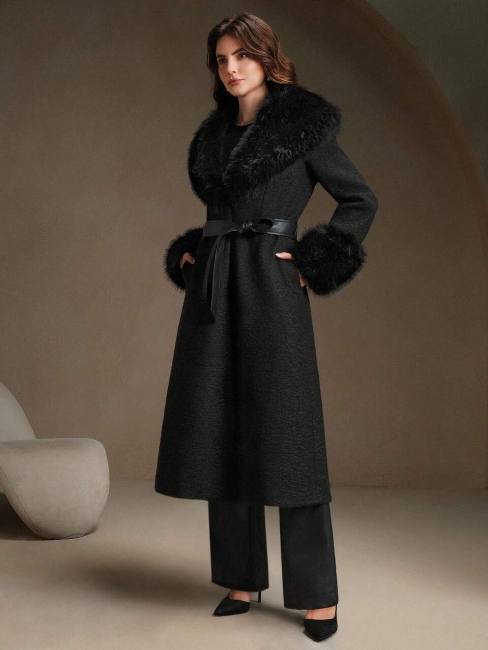 Elegant Black Wavy Pattern Belted Mid-Length Coat,Autumn Formal Evening Outerwear,Chic Luxury For Fall/Winter,Christmas,New Year & Party