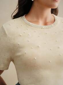 Anewsta 大码女式沙色水洗铆钉修身圆领短袖T恤 - 杏色 - 查看 1