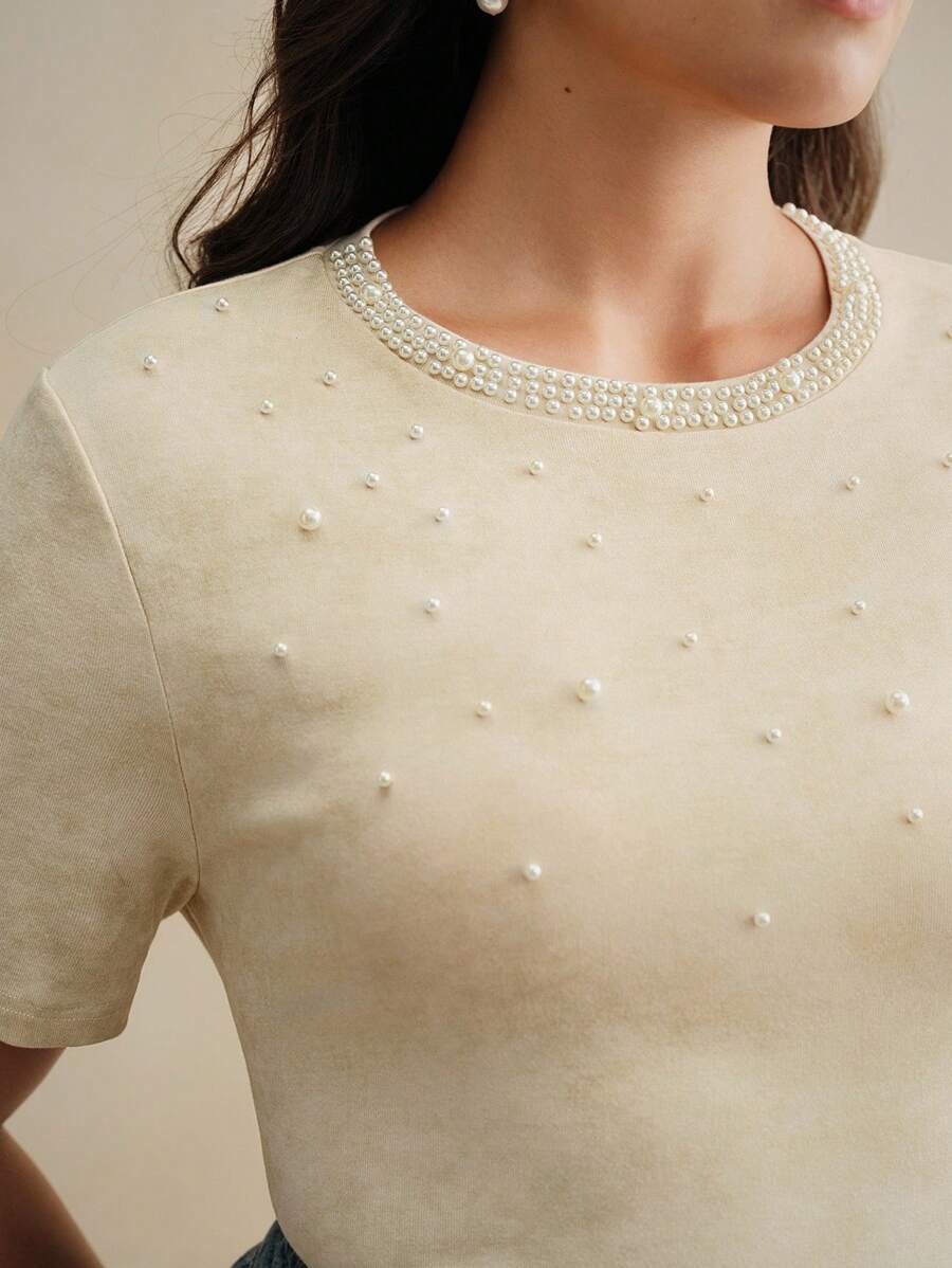 Anewsta 大码女式沙色水洗铆钉修身圆领短袖T恤 - 杏色 - 查看 1