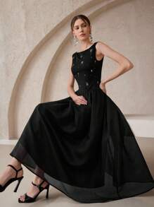 Modelyn Đầm suông cổ tròn xếp ly không tay đính đá sang trọng cho nữ - màu đen - Xem 7