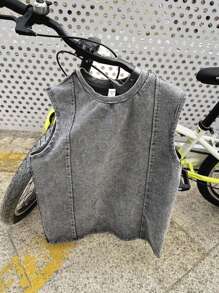 SHEIN Teens/Youth Casual Street Style Solid Color Comfortable Round Neck Patchwork Tank Top, Suitable For Commuting, School, Daily Casual, Travel, Sports, Spring/Summer