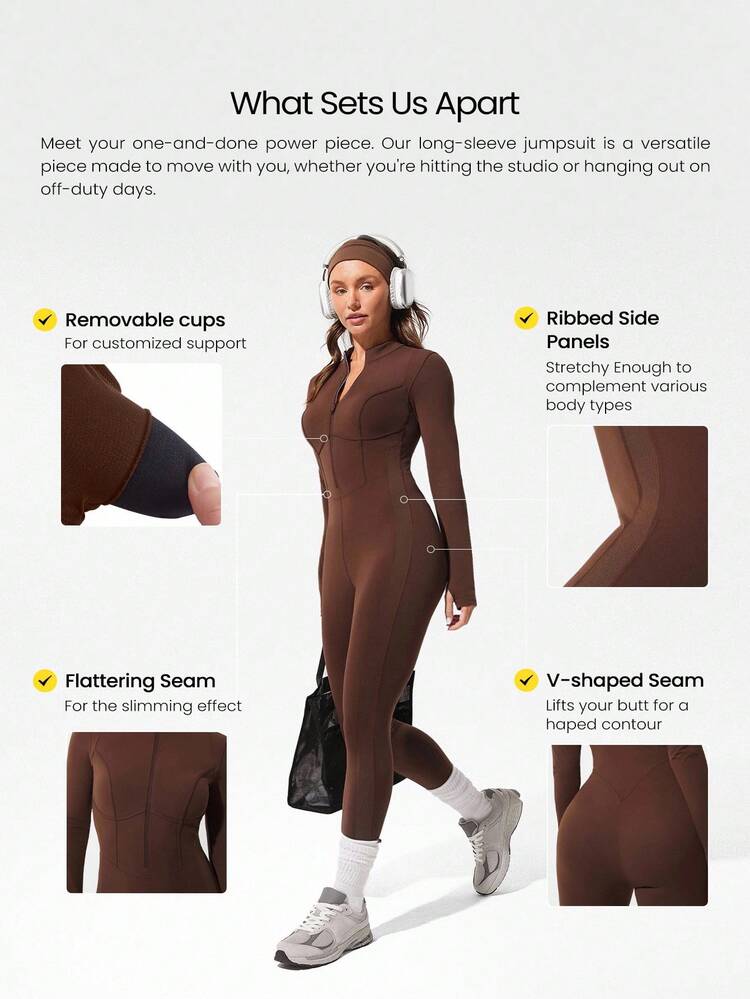 GLOWMODE 24 英寸 FeatherFit™-Air Glow Giver 柔软透气吸汗前拉链罗纹侧板轮廓接缝拇指孔深 V 形后背接缝可拆卸罩杯长袖连体衣低冲击日常运动服 - 肉桂靈感 - 查看 2