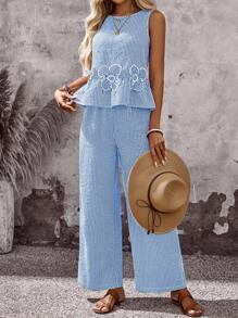 Sylviya 女士两件套夏季服装，适合度假穿着，包括外出上衣、度假套装、格纹夏季套装、沙滩装、夏季裤装、沙滩两件套等。 - 藍色 - 查看 7