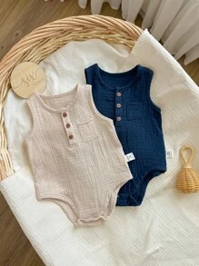 2pcs Newborn Baby Boys' Solid Color Sleeveless Romper With Half Button Placket, Round Neckline