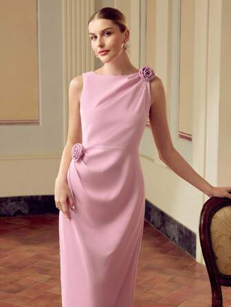 ZEYLAH 女士纯色 3D 花卉装饰圆领无袖优雅长裙