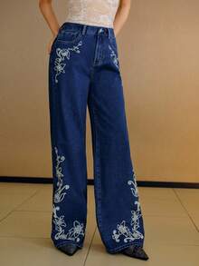 MOTF PREMIUM CALÇA JEANS COM BORDADO FLORAL E PERNA LARGA - Lavagem Média - Ver 4