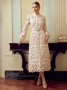 ZEYLAH 女式立领灯笼袖优雅3D花卉刺绣连衣裙