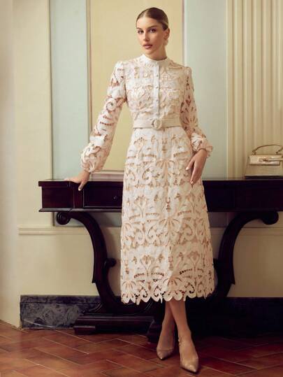 ZEYLAH 女式立领灯笼袖优雅3D花卉刺绣连衣裙