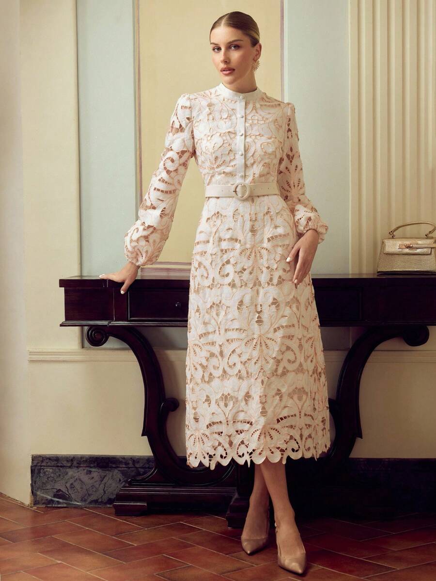 ZEYLAH 女式立领灯笼袖优雅3D花卉刺绣连衣裙