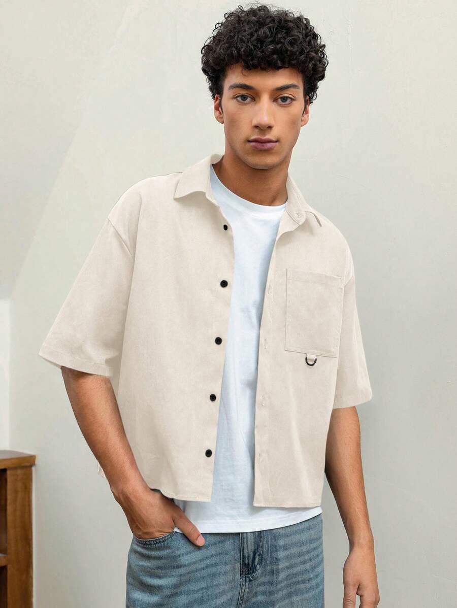 SWAVVY Áo sơ mi nam tay ngắn dệt rộng rãi, thời trang và trẻ trung, đi học - Màu be - Xem 1