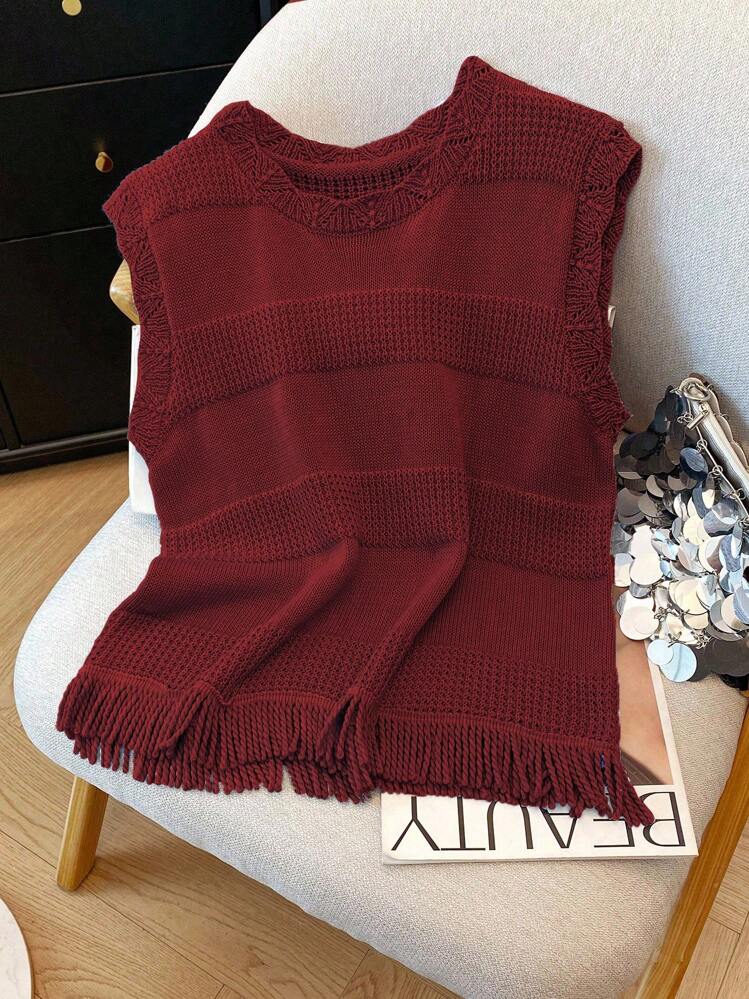 Franclia 休闲纹理拼接贝壳边饰流苏下摆针织无袖上衣，天蓝色，女款，春夏大学风针织衫 - 酒紅色 - 查看 3