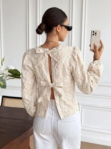 Serisse 女士纯色印花蝴蝶结优雅长袖衬衫，秋季女士，返校，乡村音乐会，商务休闲女士，女士教师，约会之夜女士，生日，女士早午餐，西方女装，商务休闲女士 - 杏色 - 查看 3