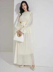 Heiryn 女士纯色褶裥喇叭袖衬衫和半裙优雅两件套，适合秋季穿着，也适合约会之夜、婚礼宾客、国庆节等场合。 - 杏色 - 查看 6