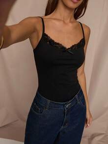 SHEIN BAE 女式黑色性感纯色细肩带蕾丝拼接蝴蝶结紧身衣，秋季上衣，百搭黑色上衣，女式休闲上衣，女式背心上衣，黑色紧身衣 - 黑色 - 查看 7